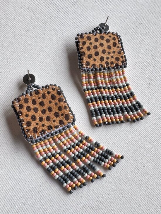Handmade Ceramic Cat Fringe Earrings Beaded Statement Dangles - Picture 5 of 10